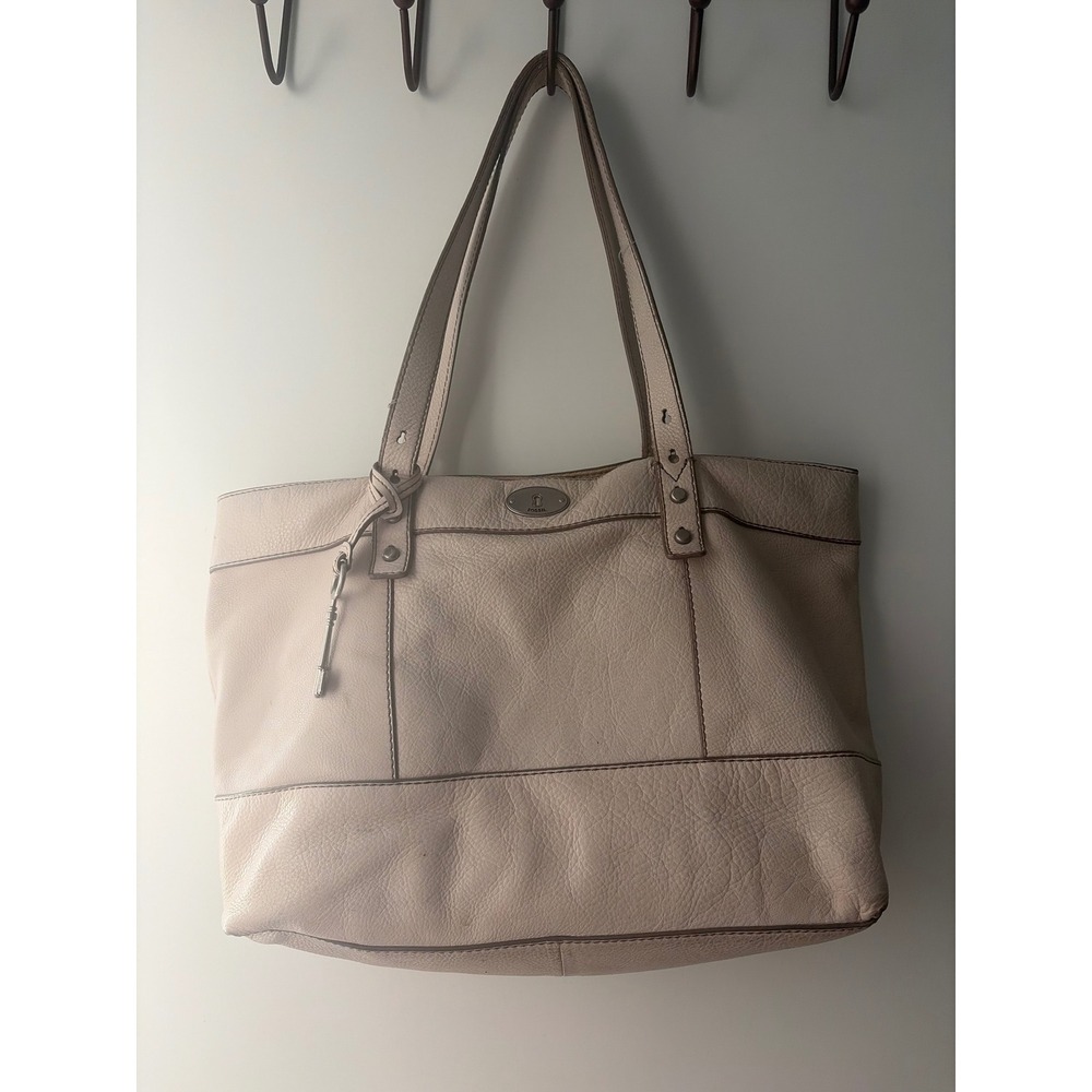 Fossil Cream Pebbled Leather Tote Bag Silver Key Charm Large Shoulder Bag